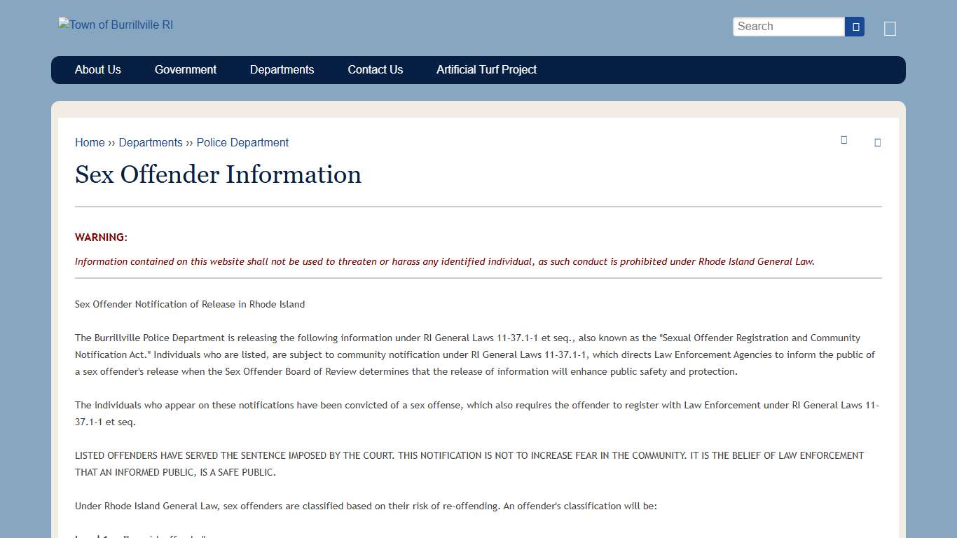 Sex Offender Information | Town of Burrillville RI